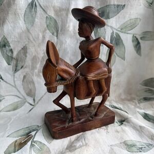 Vintage Hand Carved Wood Sculpture Woman Riding Donkey Folk Art Figurine 8.5in